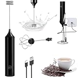 Milchaufschäumer Stab Wiederaufladbar mit 3 Geschwindigkeiten, Elektrisch Milchaufschäumer Stab, Hand Held Milchschäumer für Heiße Schokolade Kaffee Latte Matcha Cappuccino Eier Schlagen (Schwarz)