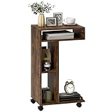 HOMCOM Beistelltisch C-Form Nachttisch mit 4 Regalen, Rollen, Couchtisch, Wohnzimmertisch Laptoptisch für Wohnzimmer Schlafzimmer 40 x 30 x 69 cm Rustikal-Braun