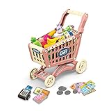 RedCrab Kinder Einkaufswagen Spielset, 54 Stück Kaufladen Zubehör Set, Übergröße Rollenspiel Trolley Cart, Lernspielzeug Geschenk ab 3+ Jahren Junge Mädchen(rosa)