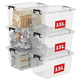 Cetomo Aufbewahrungsbox, 15 l x 6 Stück, mit Klickverschluss und Deckel, stapelbar, transparenter Organizer, 6er-set