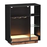 VASAGLE Weinschrank mit Beleuchtung, Sideboard mit LED, Küchenschrank für Weinflaschen, Barschrank mit Weinglashalter, geriffelte Glastür, für Wohnzimmer, ebenholzschwarz BBK361B21