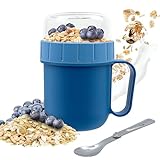 Viimples Müslibecher to go (520 ml + 230 ml) - Auslaufsicherer Joghurtbecher to Go Müsli to Go Becher mit einstellbar Löffel - Lunchpot spülmaschinenfest & BPA-frei für Büro Camp Schule Blau