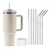 Moollyfox 1200 ml Doppelwandiger Vakuum Isolierbecher mit Griff Upgrade Kaffeetasse Becher 40 oz Reisebecher Autobecher Thermobecher mit Strohhalm aus Edelstahl und Silikonabdeckung Beige