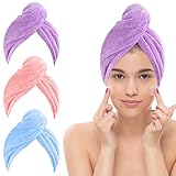 3 Stück Haarturban Handtuch, Jsdoin Mikrofaser Wickel Haartuch mit Knopf Super schnell saugfähig Anti-Frizz schnell trockenes Haar Mützen Twist Turban für Mädchen und Frauen und am besten für Lange