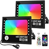 RGB Strahler 30W, RGB LED Strahler 2er mit 16 Millionen Farben 28 Modi Farbwechsel Dimmbar, Fernbedienung und APP Kontrolle RGB Fluter IP66 Wasserdicht Außenstrahler für Garten Party Aussen Baum