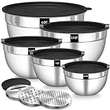 Terlulu Rührschüssel 5er Set, Edelstahl Schüssel Salatschüssel Set mit Luftdichtem Deckel, 3 Reibenaufsätzen, 4.5L,2.7L, 1.6L, 1.1L, 0.7L, Stapelbar & Spülmaschinenfest