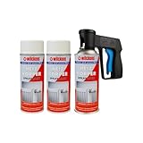 ARLI Set: 3x Heizkörperlack Spray weiß seidenmatt 400ml RAL 9010 + 1x Sprühpistole Pistolengriff für Spraydosen Set für Heizkörper Wasserleitungen Radiatoren Warmwasserrohre
