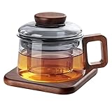 200ml Glas Teetasse mit Deckel und Sieb, Nussbaumholz Losen Teebecher mit Holzuntersetzern und Holzgriff, Teeglas Teebecher aus Borosilikat Glas, Hitzebeständiges Teeglas für Tee-Liebhaber(Grau)