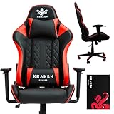 KRAKEN CHAIRS Gaming-Stuhl Bürostuhl Schreibtischstuhl Höhenverstellbar Drehstuhl Ergonomischer Stuhl Verstellbare Armlehne Lenden-Kissen Schwarz-Rot