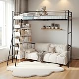 FetiNes Hochbett 90x200cm, Kinderbett Bettrahmen Metallbett, Etagenbett mit Barriere und Schrägleiter, für Erwachsene Jugendliche und Kinder, Schwarz