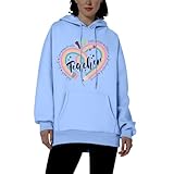 Leichter Kapuzenpullover für Damen, lang, Slieeve, trendig, niedlich, Grafik, Kapuzenpullover, Sweatshirts Y2K mit Taschen, Druck, Lehrer, Schüler, Sweatshirt, Schulanfang, Hellblau 6, S