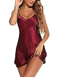 Litherday Negligee Damen Sexy Babydoll Kurz Satin Nachthemd V-Ausschnitt Nachtkleid Sommer Nachtwäsche Frau Sleepwear mit Verstellbare Träger, Weinrot, S