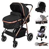 Vinteky 3 in1 Kinderwagen Buggy Kombikinderwagen Reisebuggy komplettset inkl. Babywanne & Baby Sportsitz & Auto-Babyschale Zusammenklappbar Liegeposition Schwarz