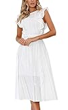 ECOWISH Spitzenkleid Damen Rundhals Ärmellos Sommerkleider Strandkleider A-Linien Kleid Abendkleid Cocktailkleider Knielang Weiß S