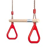 PELLOR Multifunktions Kinderholz Trapeze Schaukel mit Kunststoff Turnringe zum Aufhängen belastbar bis 160KG Rot