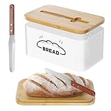 COCASES Brotkasten mit Deckel und Messer, 2-IN-1 Brotbox Brotaufbewahrung mit Schneidebrett für Knäckebrot aus Metall Holz Breadbox Brot Lange Aufbewahren und Frisch Halten 30 * 18,2 * 14cm Weiß