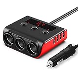 Auto Ladegerät Adapter, SONRU 3 Fach KFZ Zigarettenanzünder Verteiler mit 4 USB Ports, 120W 12V/24V DC Mehrfach Steckdose Splitter mit LED Voltmeter Getrennte Schalter für GPS/Dash Cam/Telefon