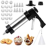 mobumeia Gebäckpresse für Spritzgebäck Edelstahl, Spritzgebäck Maschine, Gadgets zum Keksbacken mit 16 Schablonen, 9Tüllen, Kekspresse Herstellen von Dekorativen Kuchen Selbstgemachten Keksen