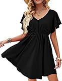 Beluring Tunika Kleid Damen V-Ausschnitt Kurzarm Partykleid Boho Tunika Kleider Swing Minikleid Schwarz L