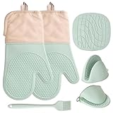 Silikon Küchenhandschuhe Topflappen Sets, Extra Lange Backofen Handschuhe Hitzebeständig Ofenhandschuhe Kitchen,Waschbare & rutschfeste Backhandschuhe bis 230°,Topfhandschuhe zum Kochen Backen (Grün)
