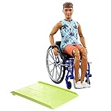 Barbie-Puppe Fashionista, Puppe Ken im Rollstuhl mit braunen Haaren, Strandhemd, orangefarbene Shorts, Rollstuhl und Rampe, inkl Puppe Ken, als Geschenk geeignet, HJT59