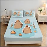 Hellblau Spannbettlaken 180x200cm, Cartoon Gekritzel Druck Spannbetttücher, Gebürstete Mikrofaser, 30cm Tiefe Tasche, Schrumpffrei Und Lichtbeständig (Schwimmen Capybara)
