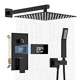 Unterputz Duscharmatur Set, Edelstahl Duschsystem Schwarz Unterputz mit Temperatur LCD Display inkl. 30X30cm Kopfbrause, 200mm Handbrause, Messingkörper, Regendusche Schwarz, 1.5m Brauseschlauch