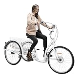 26 Zoll 6-Gang Erwachsene Dreirad mit Einkaufskorb, 3 Räder Fahrrad Erwachsene Outdoor-Aktivitäten Tricycle Dreirädriges Fahrrad Senioren Städtisches, 120kg Tragfähigkeit für Städte Radwege (Weiß)