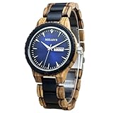 MIEASVE Herren Holz Uhren Quarz Holzuhr Japanisches Uhrwerk Kalender Display Durchmesser 42mm, Blaues Zifferblatt., Stilvoll