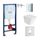 GROHE Vorwandelement Solido + Wand Hänge WC Lago Weiß Spülrandlos + WC Sitz mit Absenkautomatik Verchromter Knopf Komplettset Unterputz Spülkasten Toilette Komplett Sett WC