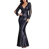 StarTreene Damen Kleid mit tiefem V-Ausschnitt, glänzende Pailletten, lang, figurbetont, dehnbar, Partykleider, marineblau, XL