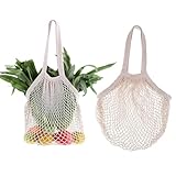 2 Stück Einkaufstasche Netz Wiederverwendbar Einkaufstasche Mesh Baumwolle Einkaufen, Cotton Einkaufsnetz Netzbeutel mit Langer Griff für Lager Obst Gemüse Markt/Lebensmittel einkaufen Einkaufsnetz