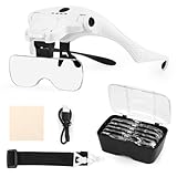 Lupe mit Licht, Lupenbrille USB Ladung mit 4 LED Licht und 2 Modi Einstellbarer für Brillenträger, Kopflupe für Modellbau Juweliere Bastel Lesen Detailarbeit, Vergrößerungsbrille