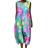 Midi-Kleider für Damen, Vintage, Blumenmuster, Baumwolle, Leinen, Hemden, Kleid, lässig, ärmellos, Rundhalsausschnitt, Maxikleid, lockere Passform, lange Kleider mit Taschen, Strandurlaub, Übergröße