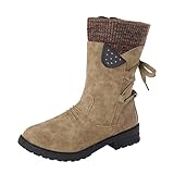 Maskjuwio Schneestiefel Damen Gefüttert Wasserdicht Winterschuhe Damen Warm Mit Reißverschluss Elegant Winterstiefel Kunstleder Mit Absatz Retro Lace Up Dicke Absätze Weite Mode Casual Vintage Boots