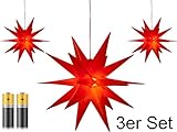 3er Pack 3D Leuchtstern - Weihnachtsstern mit warm-weißer Beleuchtung, für Innen und Außen geeignet, hängend, 100 cm Zuleitung, ca. Ø 25 cm, batteriebetrieben (rot)