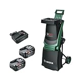 Bosch Akku-Häcksler UniversalShredder 2x18V-25 (Wendemesser, schneidet Äste bis 25 mm, bürstenloser Motor, OptiCut, Schnelleinlauftrichter, inkl. 2 x 18V 4,0Ah Akku, 28 l Auffangbeutel, Ladegerät)