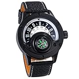 JewelryWe Herrenuhr Analog Quarz Kompass 30M wasserdichte Armbanduhr Schwarz Leder Armband Männer Einzigartige Sport Uhr mit Rundem Digital Zifferblatt Weiß