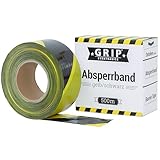 GRIP Eventbasics Absperrband schwarz-gelb gestreift | 500 m x 70 mm, nicht klebend | LDPE-Flatterband im praktischen Abrollkarton | Markierungsband für Gefahrenbereiche, Baustellenabsperrungen
