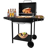 kisidus Holzkohlegrill mit Seitenablagen, 119 x 61 cm Grillfläche, Grillwagen für 5-10 Personen, BBQ Grills Campinggrill mit Räder, Schwarz