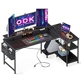 ODK Schreibtisch L Form, Eckschreibtisch mit USB-Ladeanschluss&Steckdose, Gaming Tisch L Form mit Regal Reversibel, L-förmiger Computertisch mit Monitorständer für Büro (Schwarz, 147x80cm)