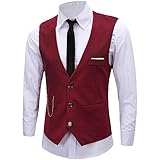 DOKKIA Herren Kleid Weste Anzugweste formelle Business Slim Fit V-Ausschnitt Ärmellose Smoking Jacke mit Kette, Burgunderrot Rot, XX-Large