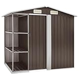 Gecheer Gartenhaus mit Regal 4 Lüftungsschlitzen Schiebetür Geräteschuppen Gartenschuppen Gerätehaus Garten Schuppen Braun 205x130x183cm Eisen
