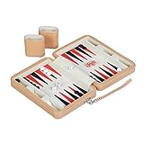 Relaxdays Backgammon, Reisespiel mit Tasche, inkl. Zubehör, HxBxT: 5,5 x 24 x 18 cm, Lederoptik, Brettspiel, hellbraun
