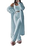 Fixmatti Damen Fuzzy 3-teiliges Sweatsuit vorne offen Cardigan Crop Tank Tops breite Beine Hosen Lounge-Sets, 1-hellblau, XL, Hellblau, XL