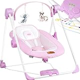 KIDIZ® Babywippe Babyschaukel mit 5 Geschwindigkeitseinstellungen zusammenklappbarer Baby Wippe Schaukel Babyhochstuhl mit Spielbogen Spielzeugen 5 beruhigende Naturgeräusche, Pink