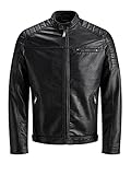 Herren Jack & Jones Kunstleder Jacke | Biker Blouson Bomberjacke JJEROCKY | Design Coat Übergangsjacke, Farben:Schwarz-2, Größe Jacken:M