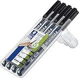 STAEDTLER permanenter Universalstift Lumocolor, wisch- und wasserfest, für fast alle Oberflächen, sekundenschnell trocken, nachfüllbar, 4 schwarze Marker in sortierten Linienbreiten, 31-9WP4GS