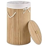 Juskys Bambus Wäschekorb Curly-Round — 55 Liter Volumen — Wäschesammler mit Deckel, Tragegriffen & Stoff Wäschesack — 1 Fach Wäschebox — in Natur