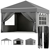 ISE Pavillon 3x3 mit 4 Seitenwänden, Faltpavillon 3x3 Stabil inkl.Tragtasche, Pavillion Stabil Winterfest UV-Schutz 50+,Partyzelt höhenverstellbar, Gartenpavillon Pop up für Outdoor & Camping Grau